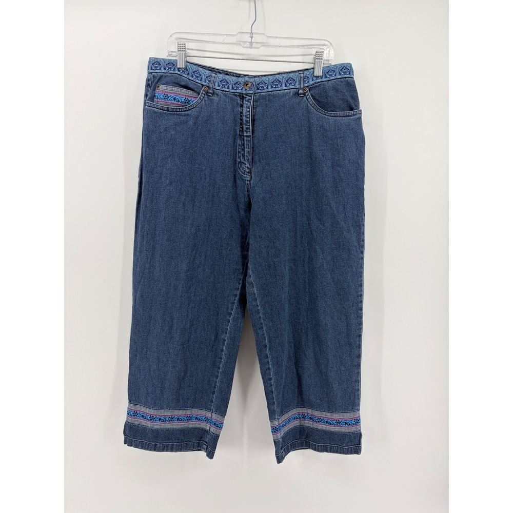 Westbound Womens Blue Denim Capri Pants Embroidered‎ Waistband & Hem Size 16